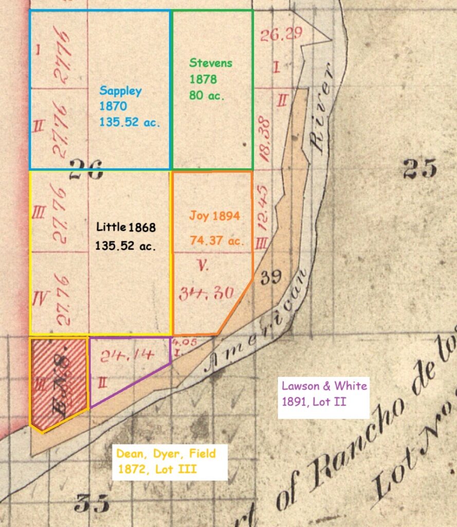 Map of land patents for the property north of Folsom. George Little was obtained W1/2, SE1/4 of Section 26 along with lots III and IV in Township 10 North, Range 7 East.