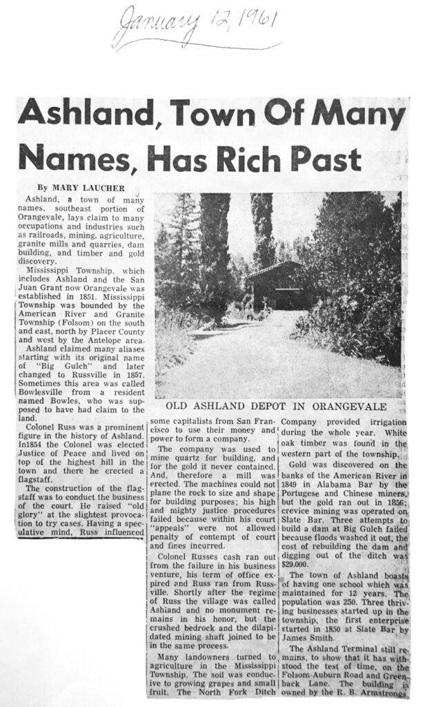 A 1961 story on the town of Ashland introduced the error that the Ashland Station was a depot and located in Orangevale.