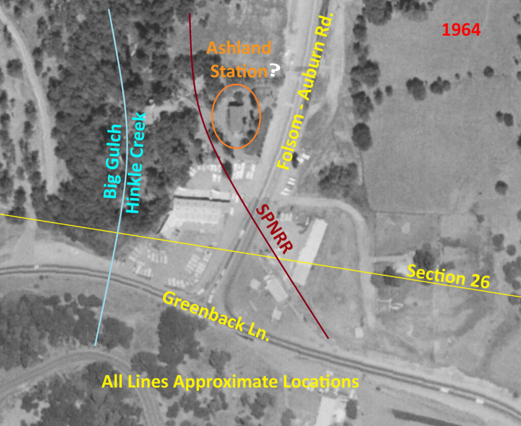 1964 aerial image showing what appears to be Ashland Station, west of Folsom - Auburn Road, with overlay of the railroad line, section, and Hinkle Creek.