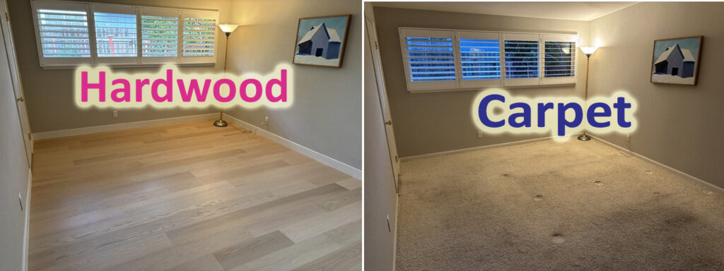 Hardwood in the primary bedroom increased the contrast and made the wall color more prominent.