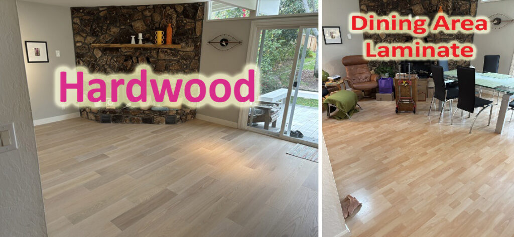 Hardwood floors fit better with the faux rock fireplace of our mid-century modern home.