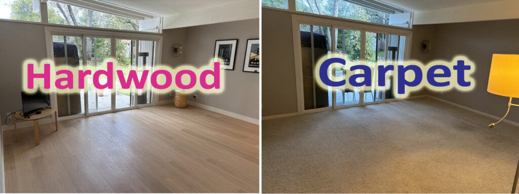 Hardwood floors lighten up the living room from the previous 22-year-old carpeting.