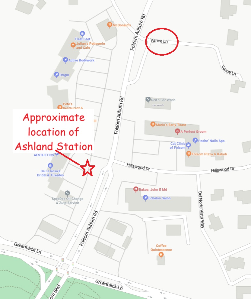 Map of approximate location of the Ashland Station, based on aerial images, between Folsom Auburn Road and Hinkle Creek, north of Greenback Lane. Vance Ln named after Charles Vance one of the property owners in 1936.