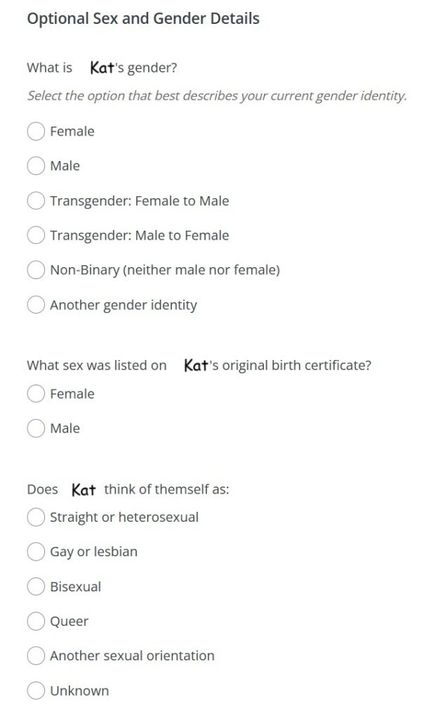 Optional questions identify individuals on Covered California application for sex and gender.