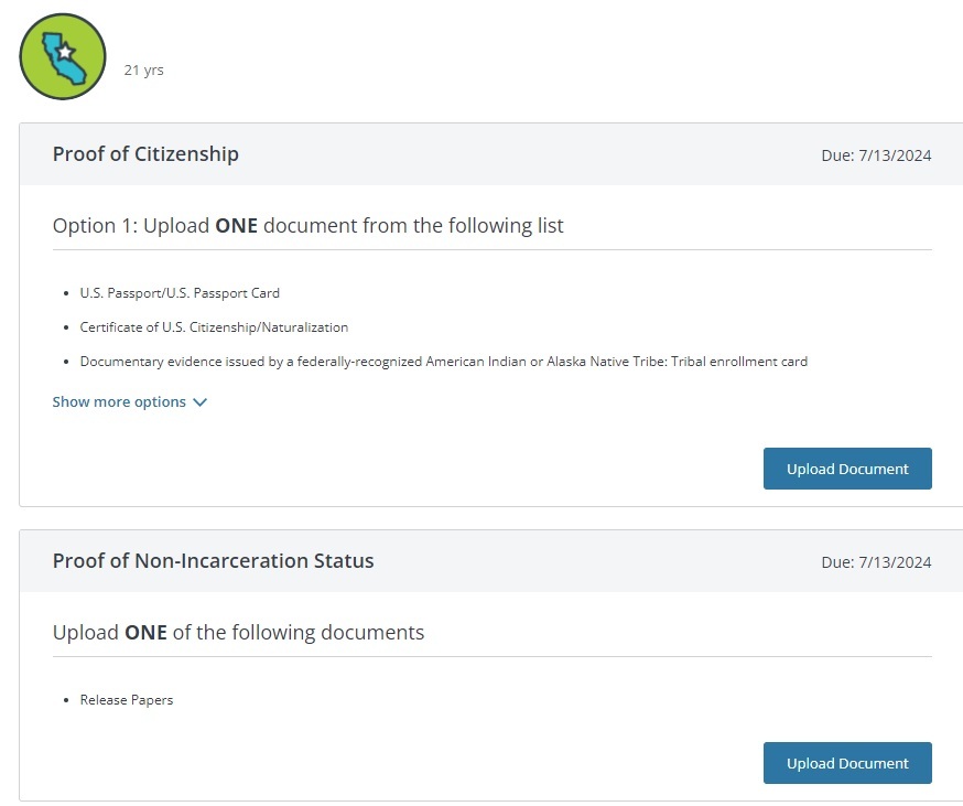 The upload page will show all of the verification requests and allow you to upload documents from your hard drive.