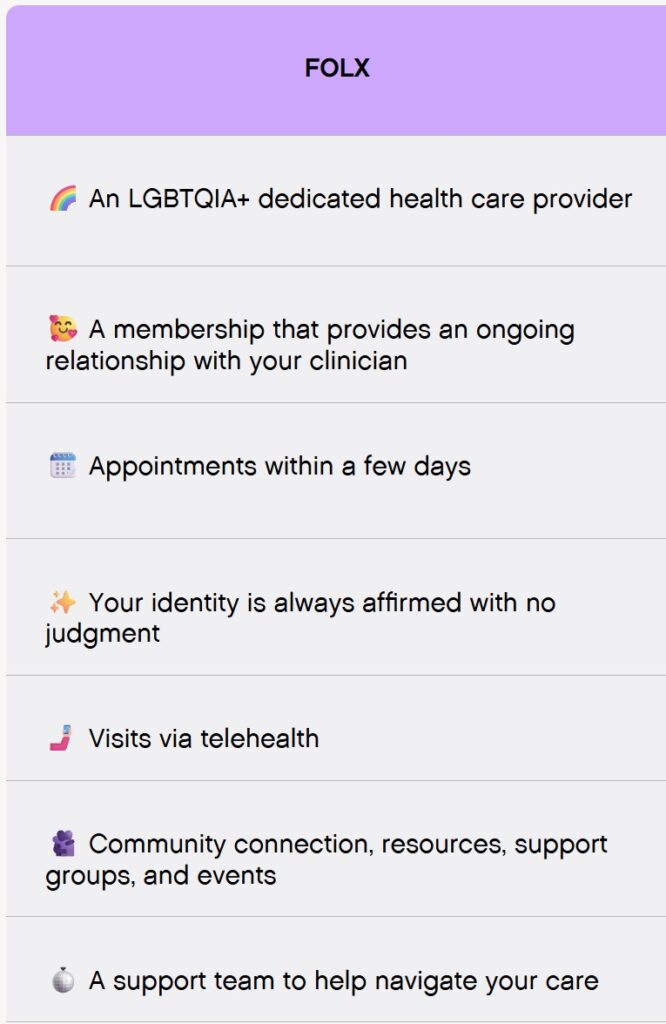 FOLX membership opens a suite of different services, and the membership fee can be covered by Blue Shield of California.