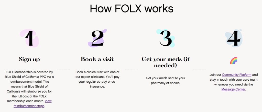 Blue Shield PPO members can enroll in FOLX and have their monthly membership fee reimbursed.