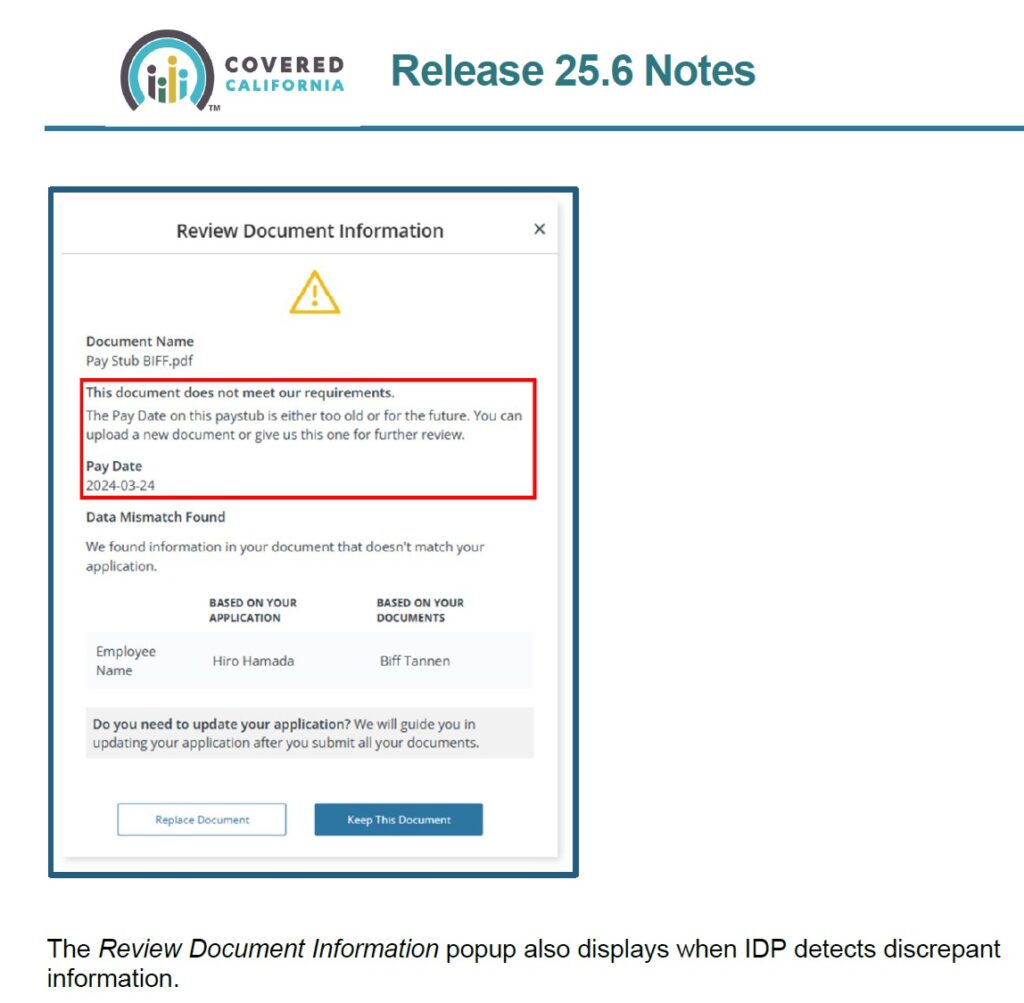 New error messages for documents that Covered California cannot process.