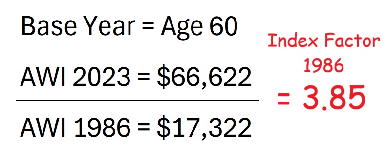 Base year average wage index divided by the average wage index for the specific year yields index factor.