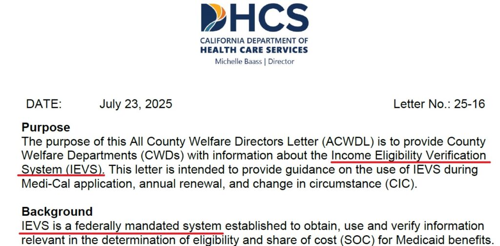 DHCS letter outlining the Income Eligibility Verification System for Medi-Cal.