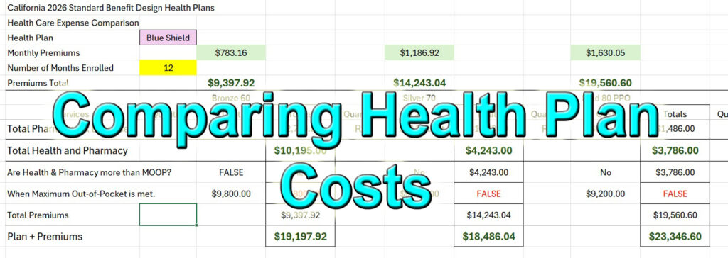 Excel worksheet for California 2026 health plan cost comparison based on health care utilization.