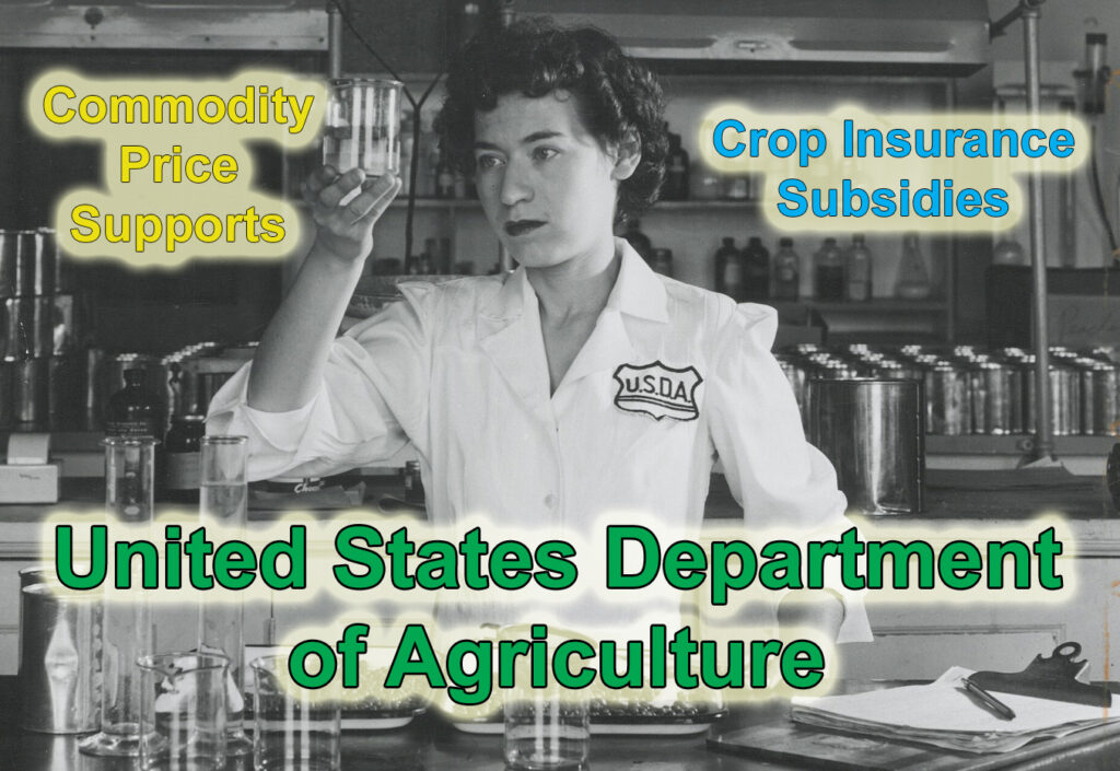 The federal government subsidizes crop prices and regulates crop insurance to support farmers.