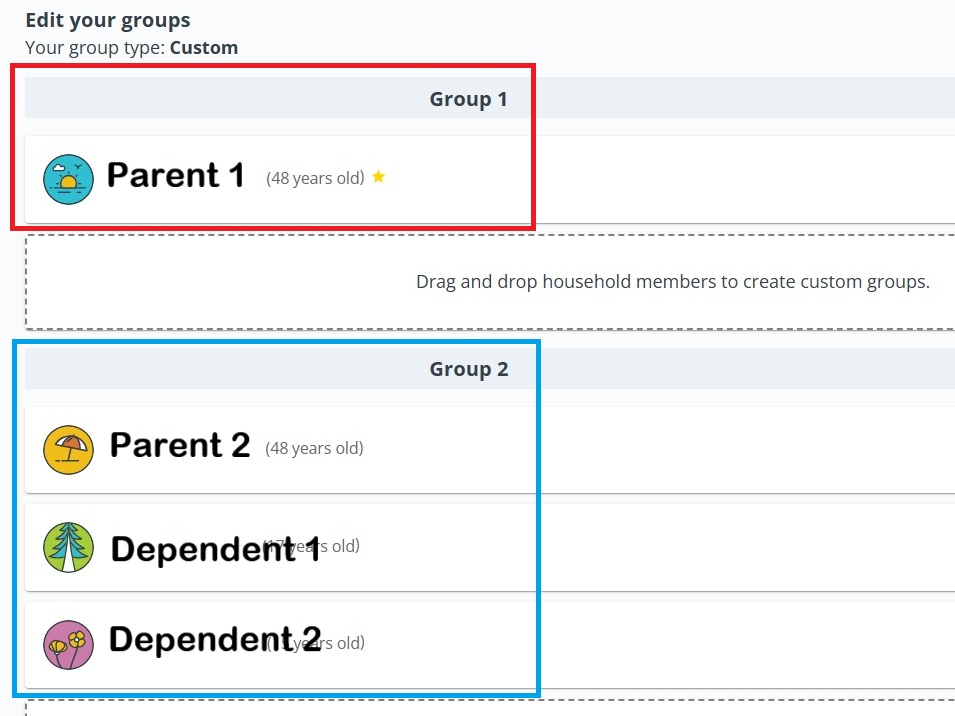 Drag family members from Group 1 to your new Group 2, 3 or 4.