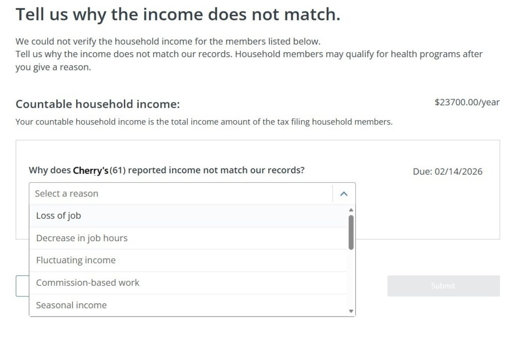 There is a drop-down menu to select a reason for inconsistent income estimate.