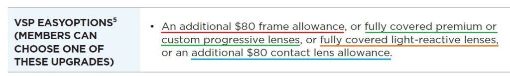 VSP EasyOptions extra allowance options.