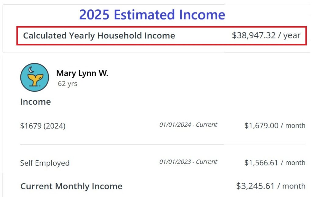 Mary Lynn estimated her Covered California income at $39,000, but her final 2025 income was $45,000.
