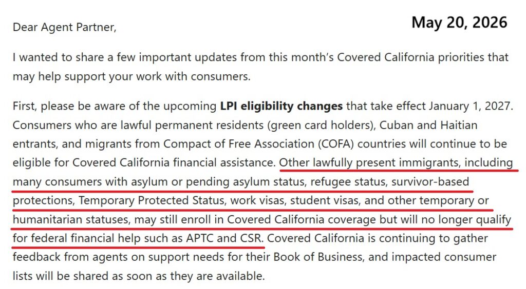 Covered California notice that lawfully present immigrants will lose Premium Tax Credit subsidy in 2027.