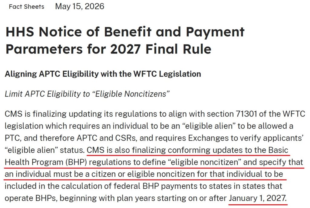 HHS Notice of final rule making to make immigrants ineligible for the health insurance subsidies.
