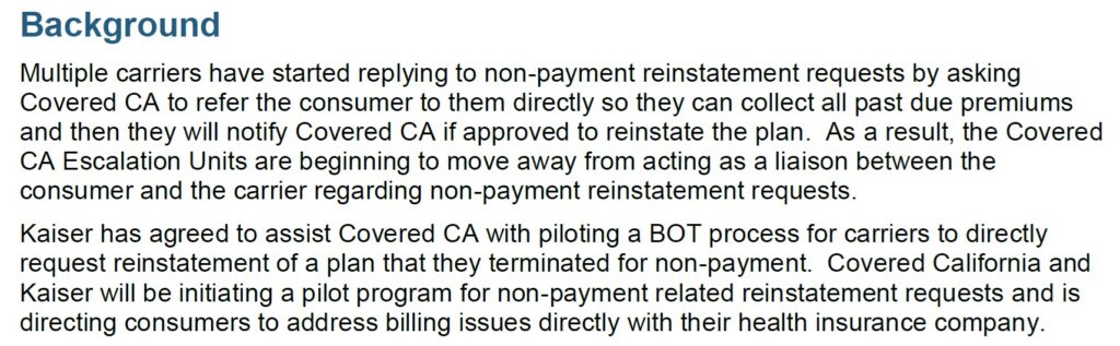 Background on Covered California to speed up reinstatement process.