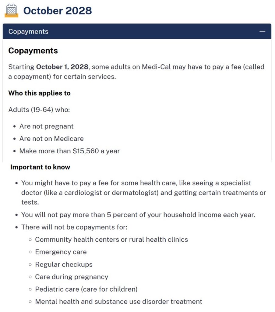 In 2028, copayment will be applied to some health care services under Medi-Cal coverage.