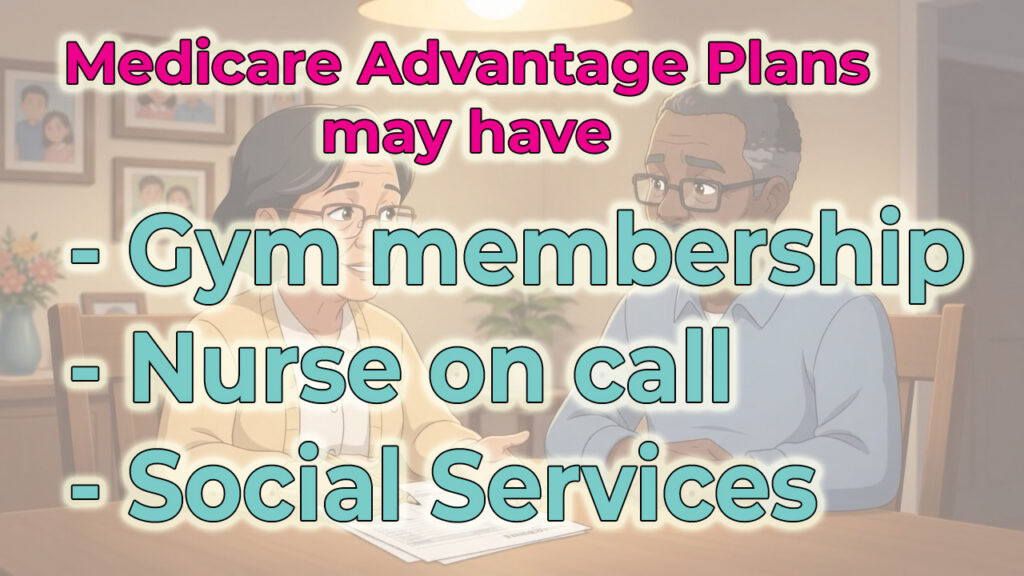 Medicare Advantage plans may include gym membership, nurse on call, and social services.