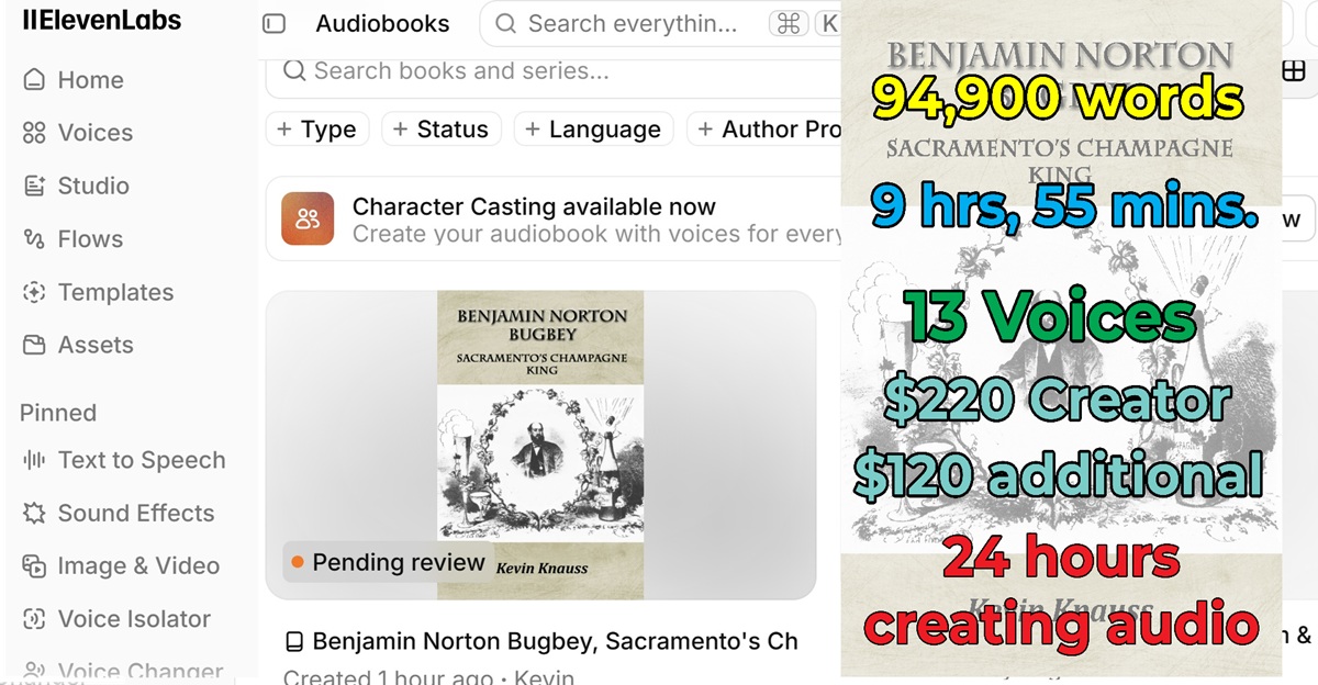 Converting the Bugbey print version to audiobook in Elevenlabs.