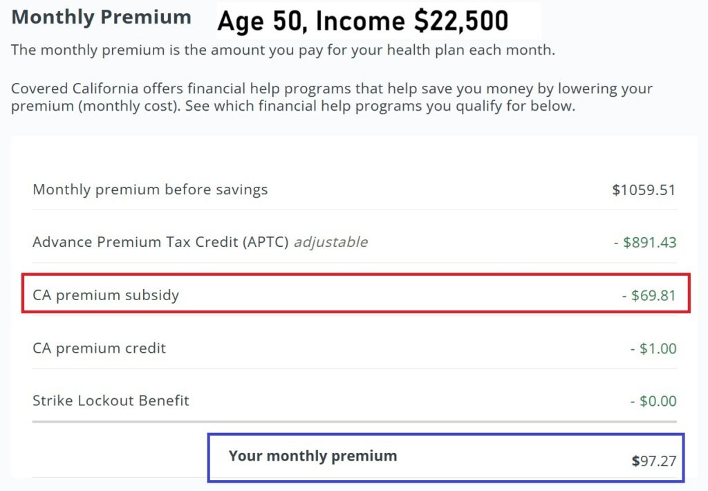 Age 50, Income $22,500, CA subsidy is $69.81.