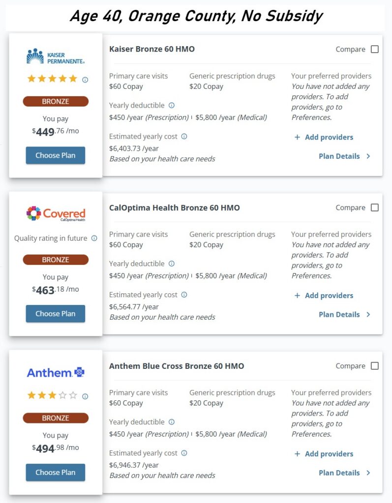 Orange County rates, Bronze, age 40, no subsidy.
