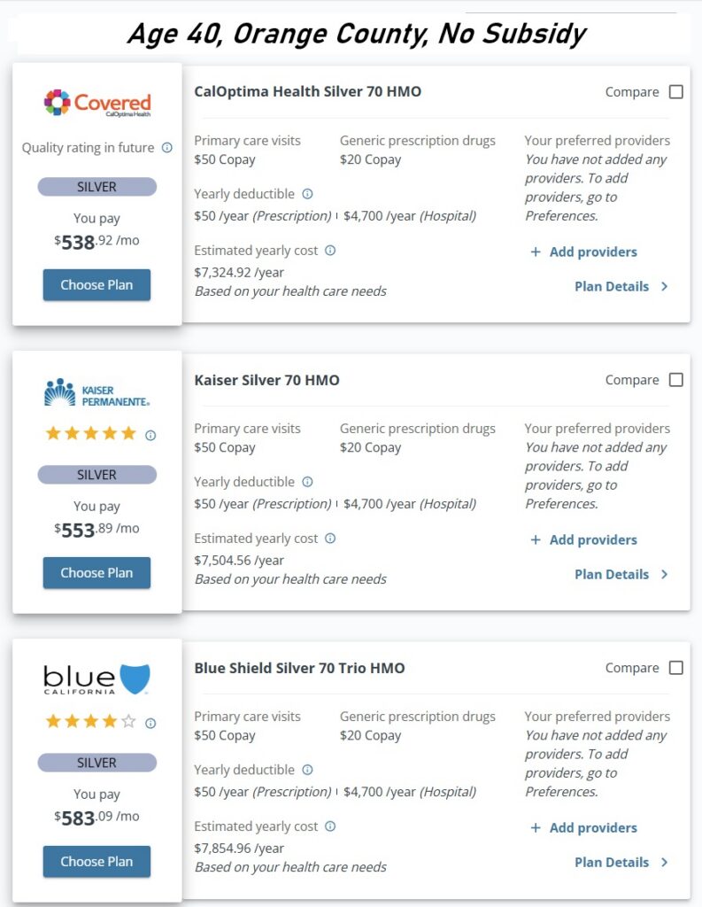 Orange County, age 40, no subsidy, Silver plans, 2027.