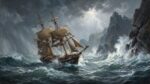 Brig sailing around Cape Horn.