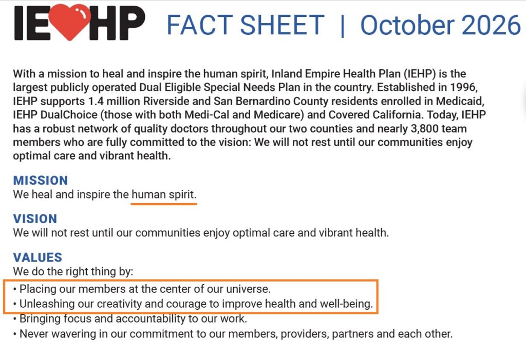 Mission statement of Inland Empire Health Plan, placing their members at the center of their universe.