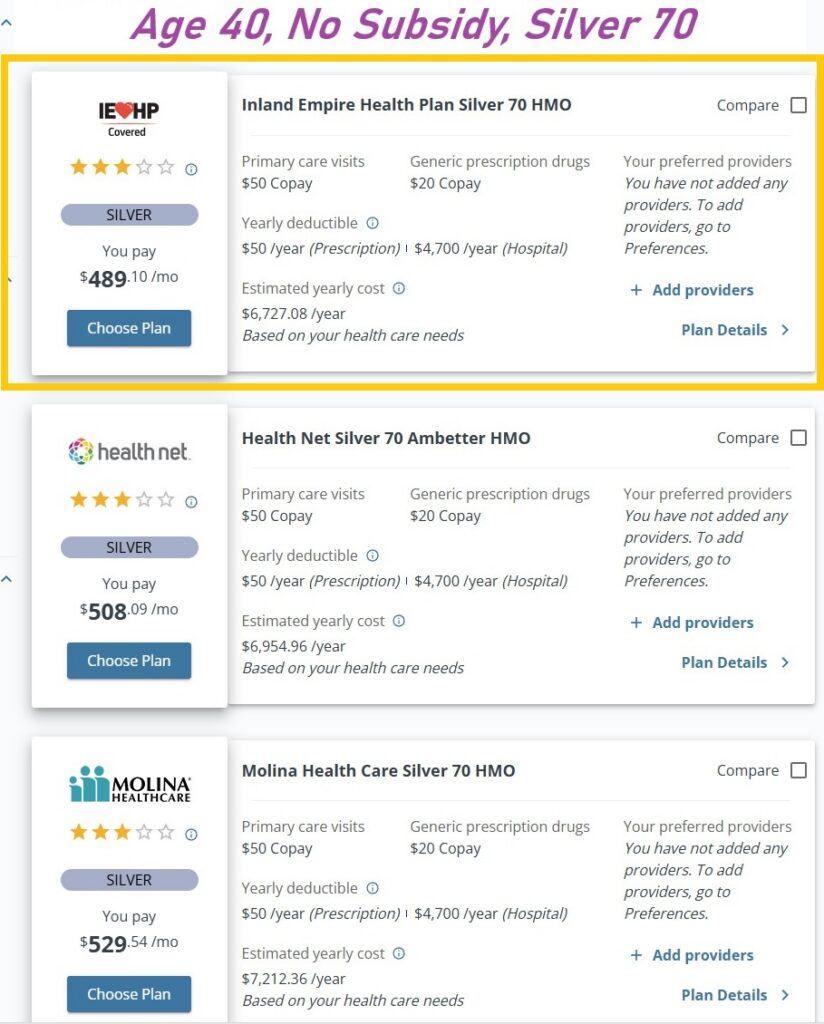 IEHP Silver rate, age 40, no subsidy.